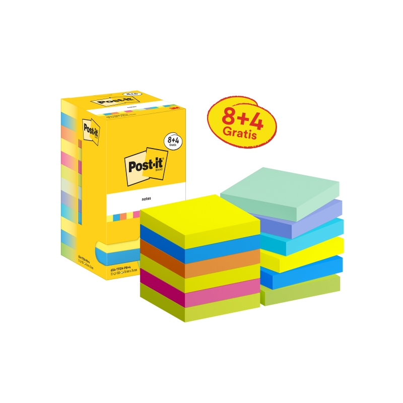 Pack de 12 blocs de 90 notes autocollantes repositionnables Post-It - Forme carrée - 76 x 76 mm - Couleurs assorties