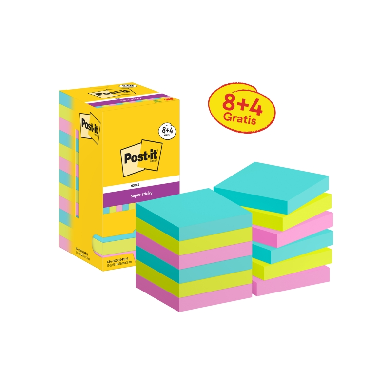 Post-It Super Sticky Pack de 12 blocs de 90 notes autocollantes repositionnables - Forme carrée - 76 x 76 mm - Couleurs assortie