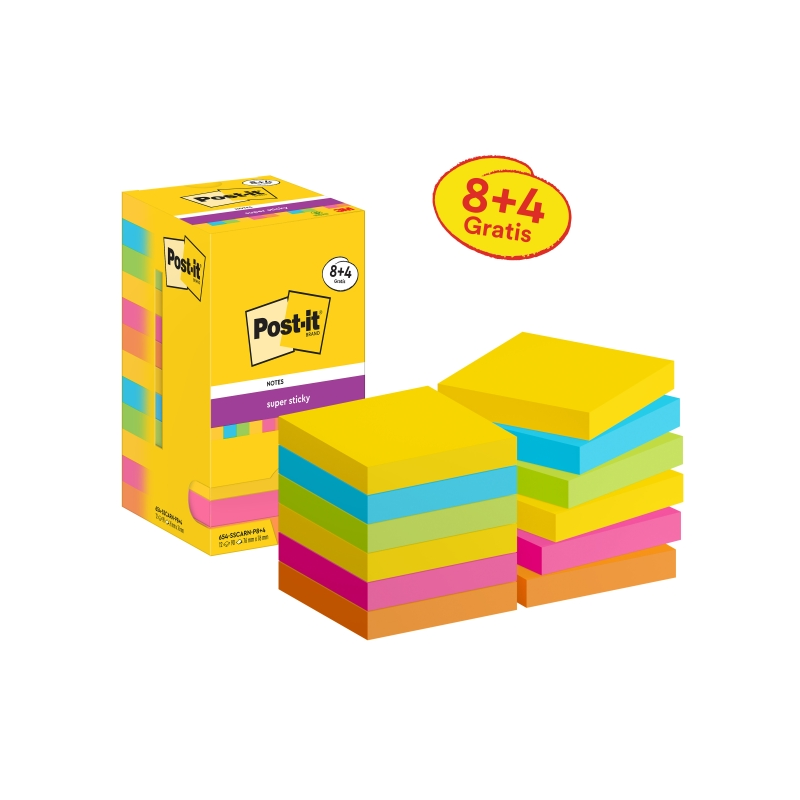 Post-It Super Sticky Pack de 12 blocs de 90 notes autocollantes repositionnables - Forme carrée - 76 x 76 mm - Couleurs assortie