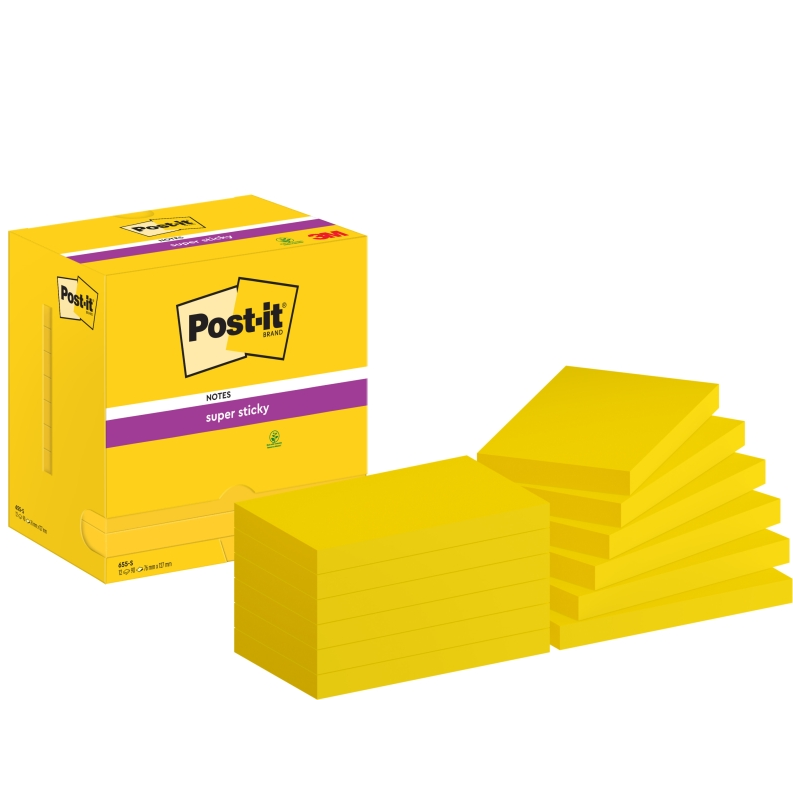 Post-It Super Sticky Pack de 12 blocs de 90 notes autocollantes repositionnables Ultra Colors - 76 x 127 mm - Jaune