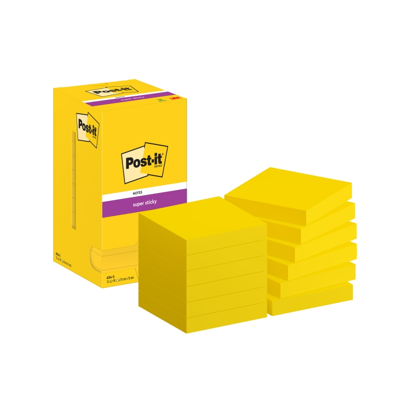 Post-It Super Sticky Pack de 12 blocs de 90 notes autocollantes repositionnables - Forme carrée - 76 x 76 mm - Jaune