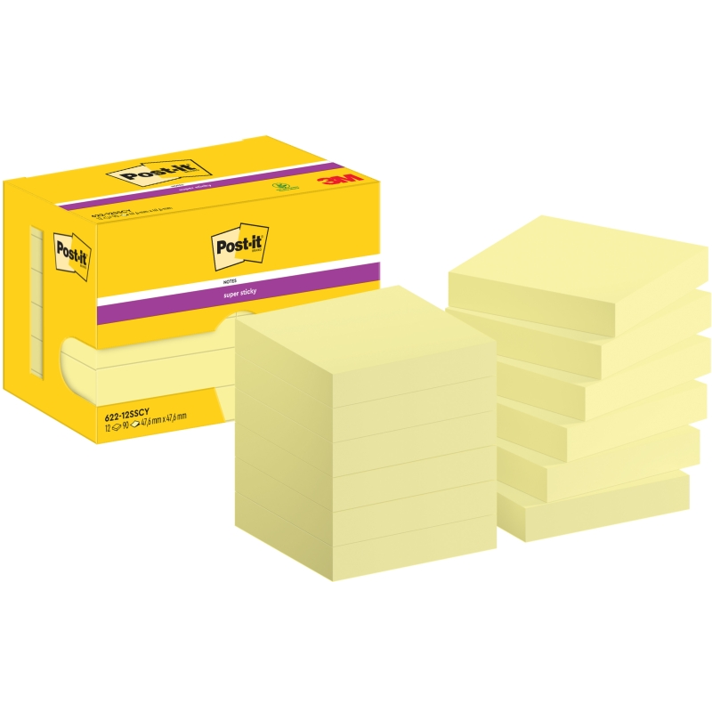 Post-It Super Sticky Pack de 12 Blocs de 90 Notes autocollantes repositionnables - 47,6 x 47,6 mm - Jaune clair