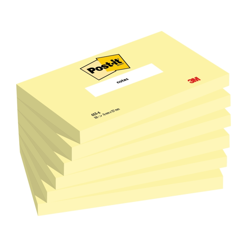 Post-It Pack de 6 blocs de 100 notes autocollantes repositionnables - Forme rectangulaire - 76 x 127 mm - Jaune clair