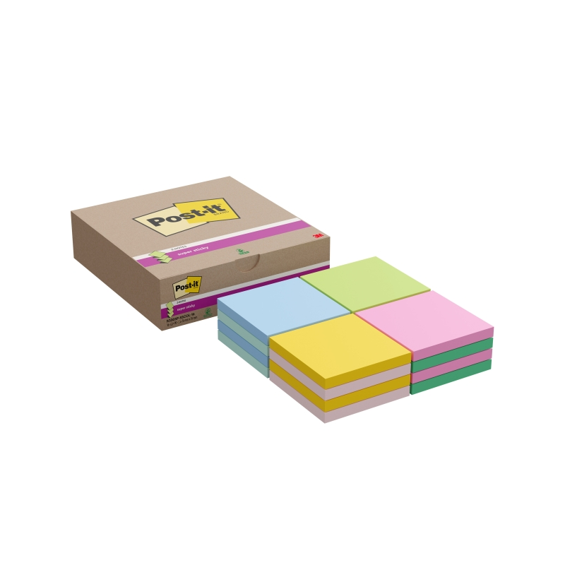 Post-It Super Sticky Pack de 16 blocs de 90 notes autocollantes repositionnables - Forme carrée - 76 x 76 mm - Zig-Zag - Couleur
