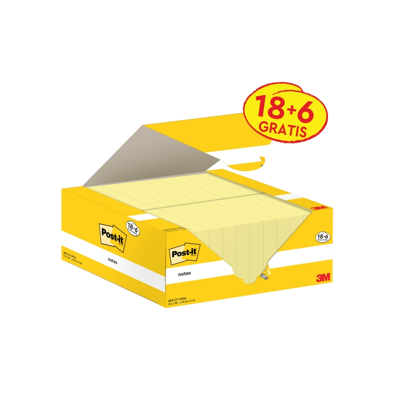 Lot de 24 blocs de 100 Post-It - Forme rectangulaire - 38 x 51 mm - Couleur jaune clair