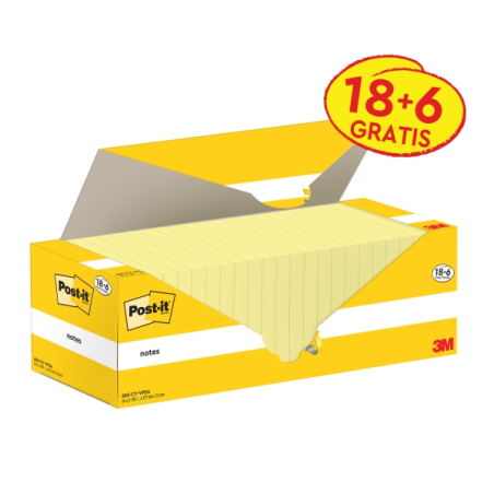 Lot de 24 blocs de 100 Post-It - Forme rectangulaire - 76 x 127 mm - Couleur jaune clair