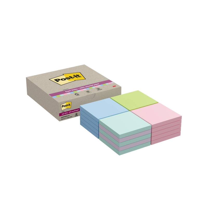 Post-It Super Sticky Pack de 20 blocs de 70 notes autocollantes recyclées - Forme carrée - 76 x 76 mm - Couleurs assorties