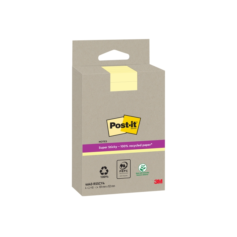 Post-It Super Sticky Pack de 4 blocs de 45 notes autocollantes recyclées - Forme rectangulaire - 102 x 152 mm - Jaune clair