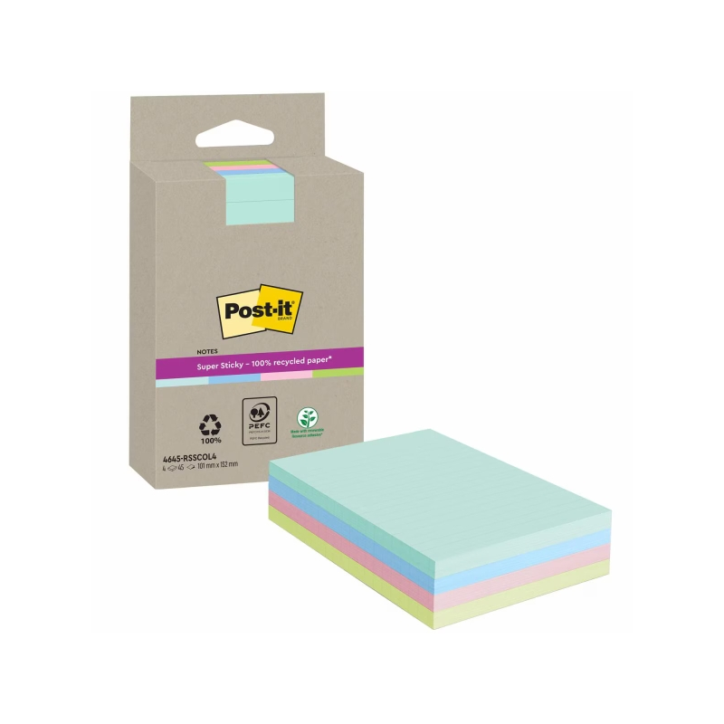 Post-It Super Sticky Pack de 4 blocs de 45 notes autocollantes recyclées - Forme rectangulaire - 102 x 152 mm - Couleurs assorti
