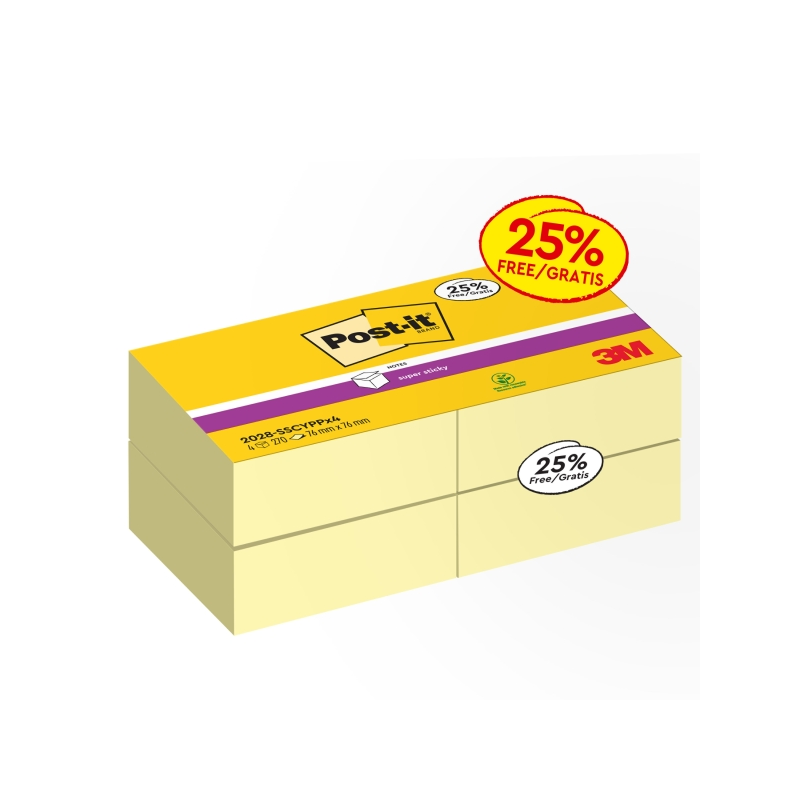 Post-It Super Sticky Pack de 4 cubes de 270 notes autocollantes repositionnables - Forme carrée - Jaune clair