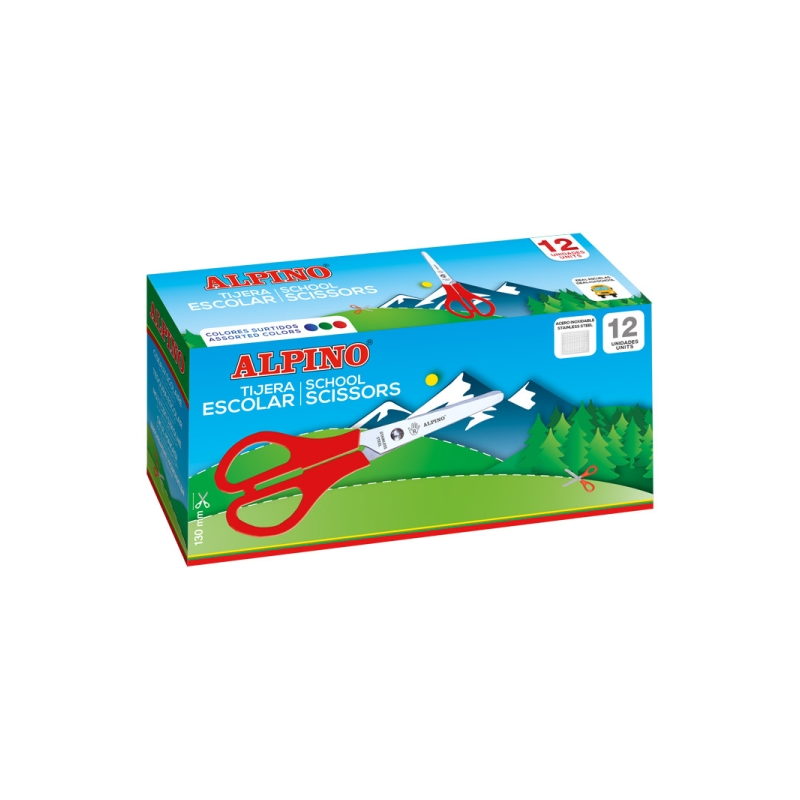 LOT de 12 Ciseaux d'école Alpino 13 cm - Acier inoxydable - Pointe émoussée - Couleurs assorties