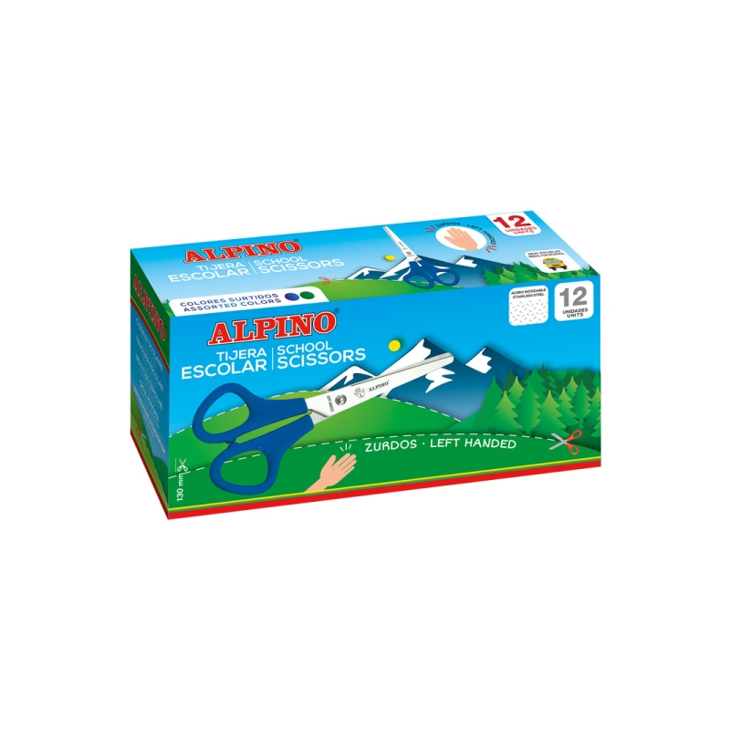 LOT de 12 Ciseaux d'école Alpino pour gaucher 13 cm - Acier inoxydable - Pointe émoussée - Couleurs assorties