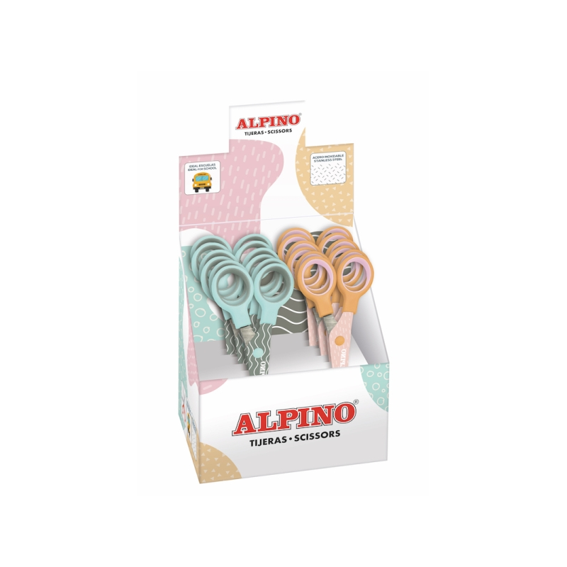 LOT de 12 Ciseaux d'école Alpine Pastel 13 cm - Acier inoxydable - Pointe émoussée - Couleurs pastel assorties