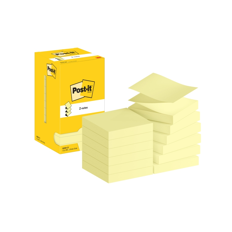 Lot de 12 blocs de 100 notes autocollantes repositionnables en Z - Forme carrée - 76 x 76 mm - Jaune clair