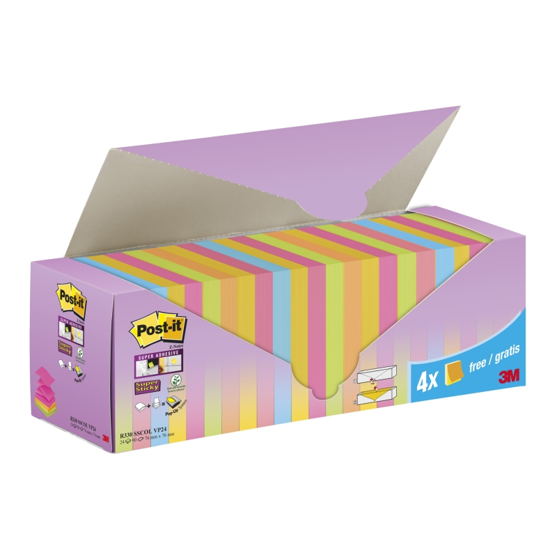 Post-It Super Sticky Pack de 24 blocs de 90 notes autocollantes repositionnables - Forme carrée - 76 x 76 mm - Zig-Zag - Couleur