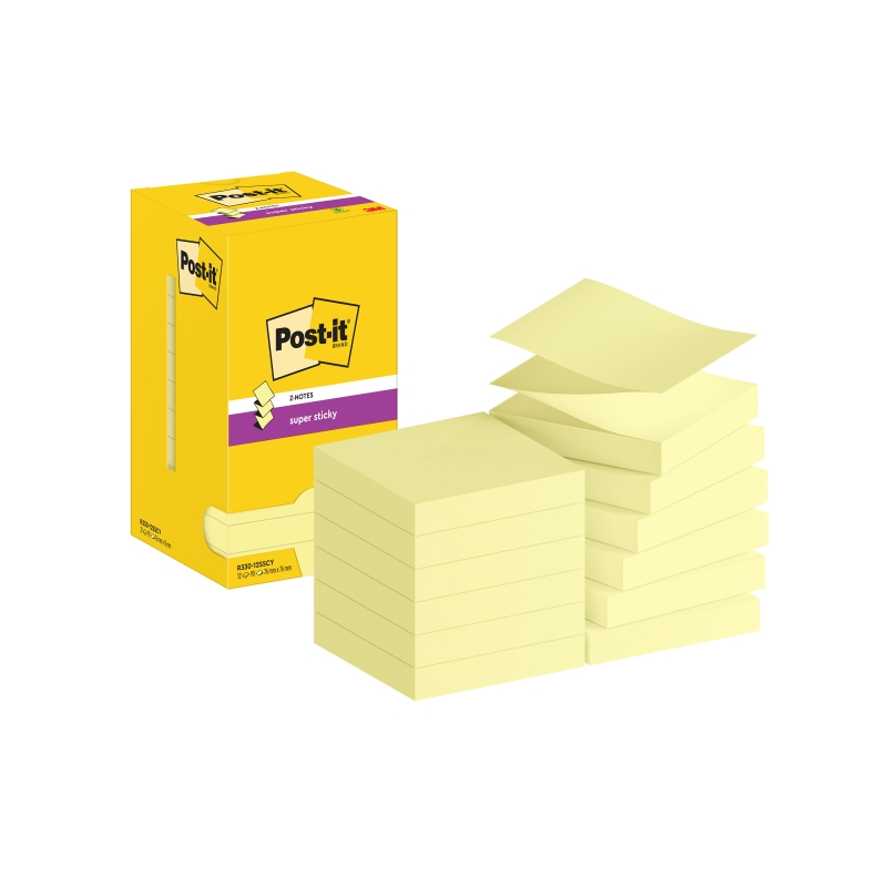 Post-It Super Sticky Pack de 12 blocs de 90 notes autocollantes repositionnables - Forme carrée - 76 x 76 mm - Zig-Zag - Jaune c