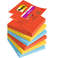 Post-It Super Sticky Pack de 6 blocs de 90 notes autocollantes repositionnables - Forme carrée - 76 x 76 mm - Zig-Zag - Couleurs