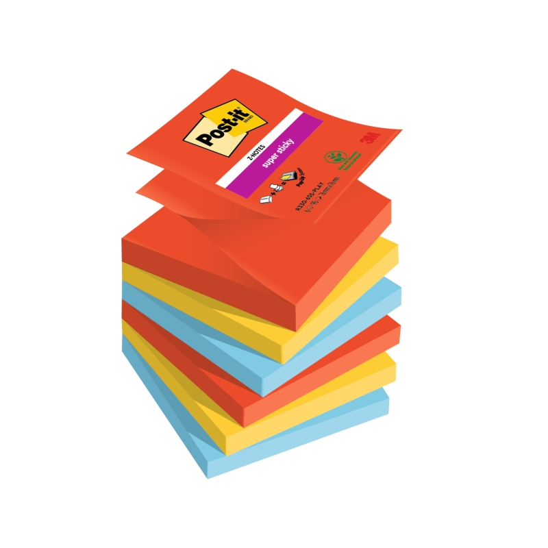 Post-It Super Sticky Pack de 6 blocs de 90 notes autocollantes repositionnables - Forme carrée - 76 x 76 mm - Zig-Zag - Couleurs