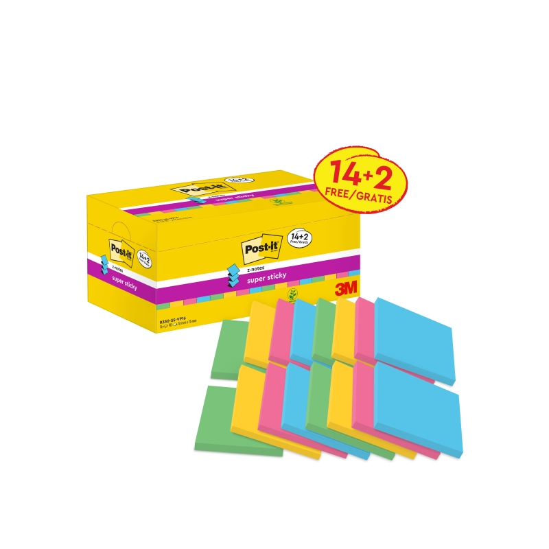 Post-It Super Sticky Pack de 16 blocs de 90 notes autocollantes repositionnables - Forme carrée - 76 x 76 mm - Zig-Zag - Couleur