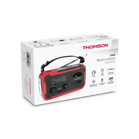 Radio solaire portable Thomson SOS - AM/FM - Batterie 8000 mAh - Lampe torche d'urgence - 3 modes de charge - Fonction Powerbank