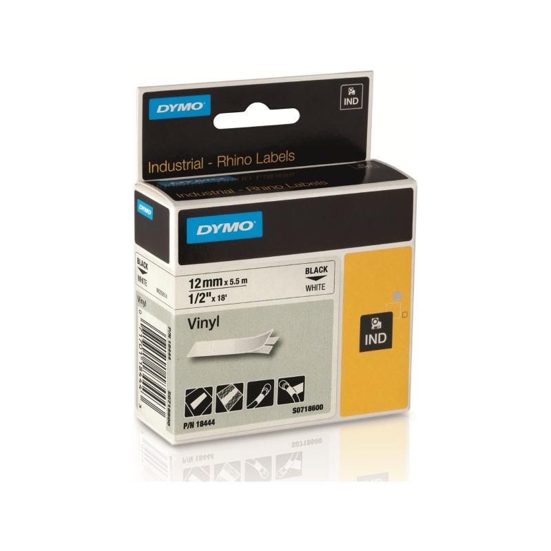 Dymo 18444 Rhino Industrial Ruban vinyle original pour étiqueteuse - Texte noir sur fond blanc - Largeur 12 mm x 5,5 mètres - S0