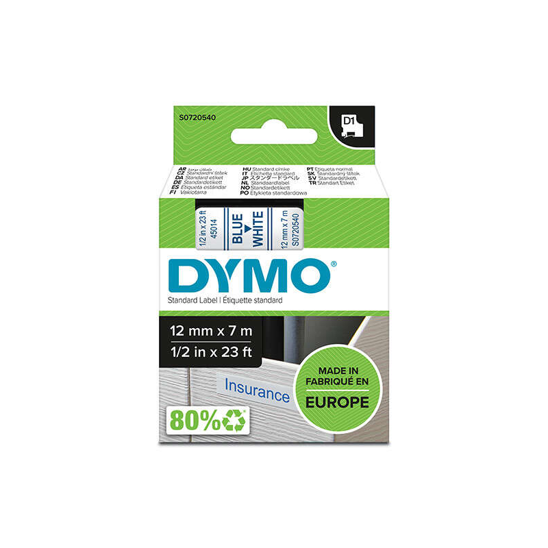 Ruban d'étiquettes Dymo D1 Original pour étiqueteuse - Texte bleu sur fond blanc - Largeur 12 mm x 7 mètres - S0720540