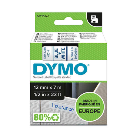 Ruban d'étiquettes Dymo D1 Original pour étiqueteuse - Texte bleu sur fond blanc - Largeur 12 mm x 7 mètres - S0720540
