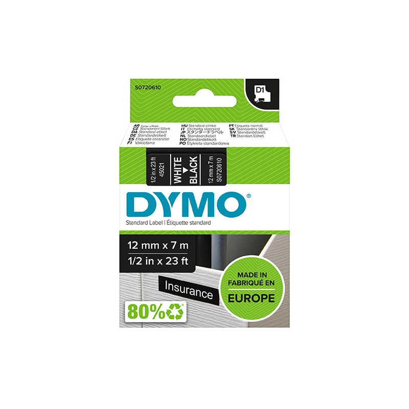 Ruban d'étiquettes Dymo LM D1 45021 Original pour étiqueteuse - Texte blanc sur fond noir - Largeur : 12 mm longueur : 7 m