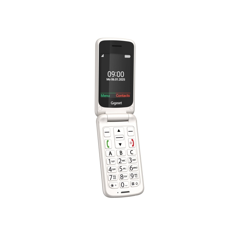 Téléphone portable Gigaset GL595 pour seniors, écran 2,8 pouces, clapet, IP44, station de charge, blanc