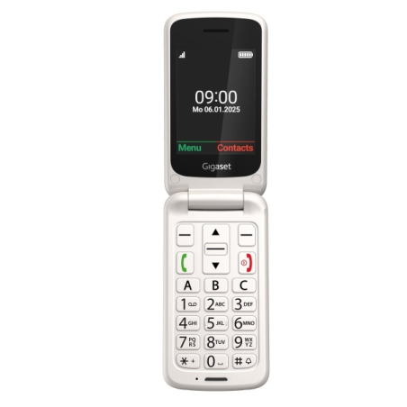 Téléphone portable Gigaset GL595 pour seniors, écran 2,8 pouces, clapet, IP44, station de charge, blanc