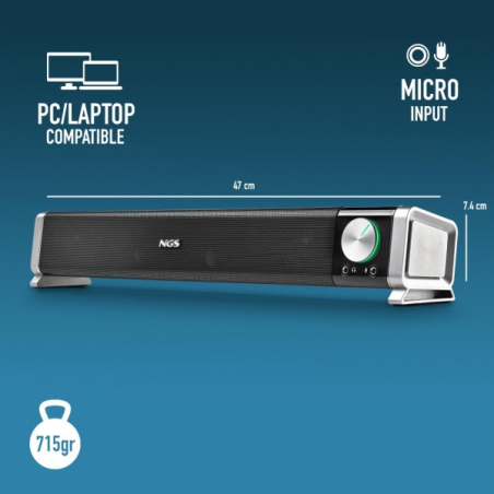 Barre de son Bluetooth NGS SB500-BT 20 W - Alimentation USB - Entrée jack et microphone - Sortie casque - Contrôle du volume int
