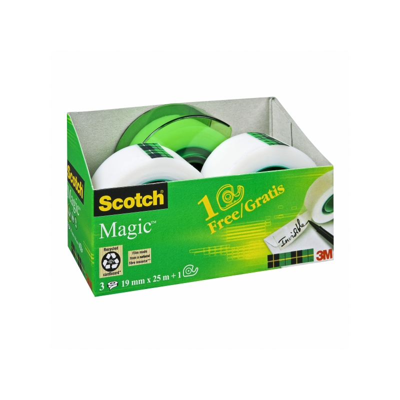 Ruban adhésif invisible Scotch Magic, lot de 3 – 19 mm x 25 m – Dévidoir gratuit – Transparent