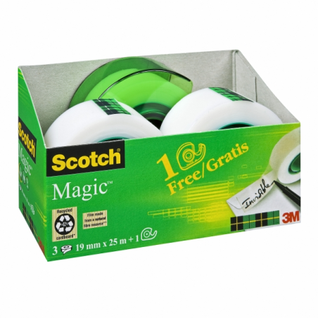 Ruban adhésif invisible Scotch Magic, lot de 3 – 19 mm x 25 m – Dévidoir gratuit – Transparent