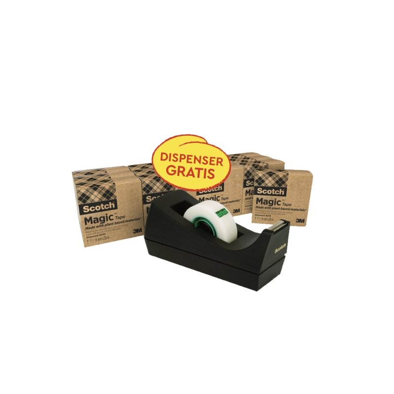 Ruban adhésif Scotch Magic (lot de 14) - Adhésif végétal à 66 % - 19 mm x 33 m - Promotion avec distributeur gratuit - Noir