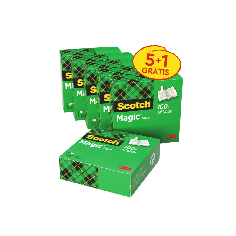 Ruban adhésif invisible Scotch Magic, lot de 6 – 19 mm x 33 m – 5 – 1 offert – Transparent