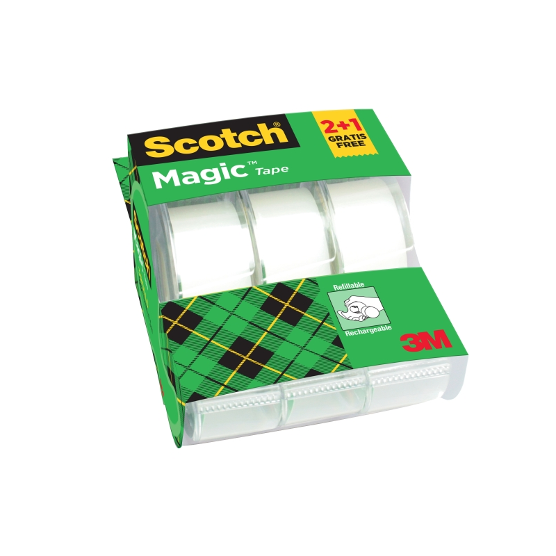 Ruban adhésif invisible Scotch Magic, lot de 3 – 19 mm x 7,5 m – 2 – 1 offert – Distributeur inclus – Transparent