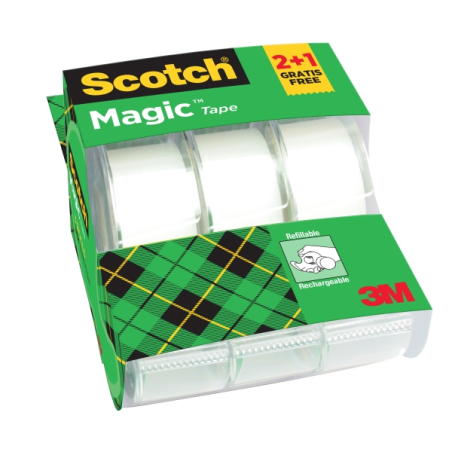 Ruban adhésif invisible Scotch Magic, lot de 3 – 19 mm x 7,5 m – 2 – 1 offert – Distributeur inclus – Transparent