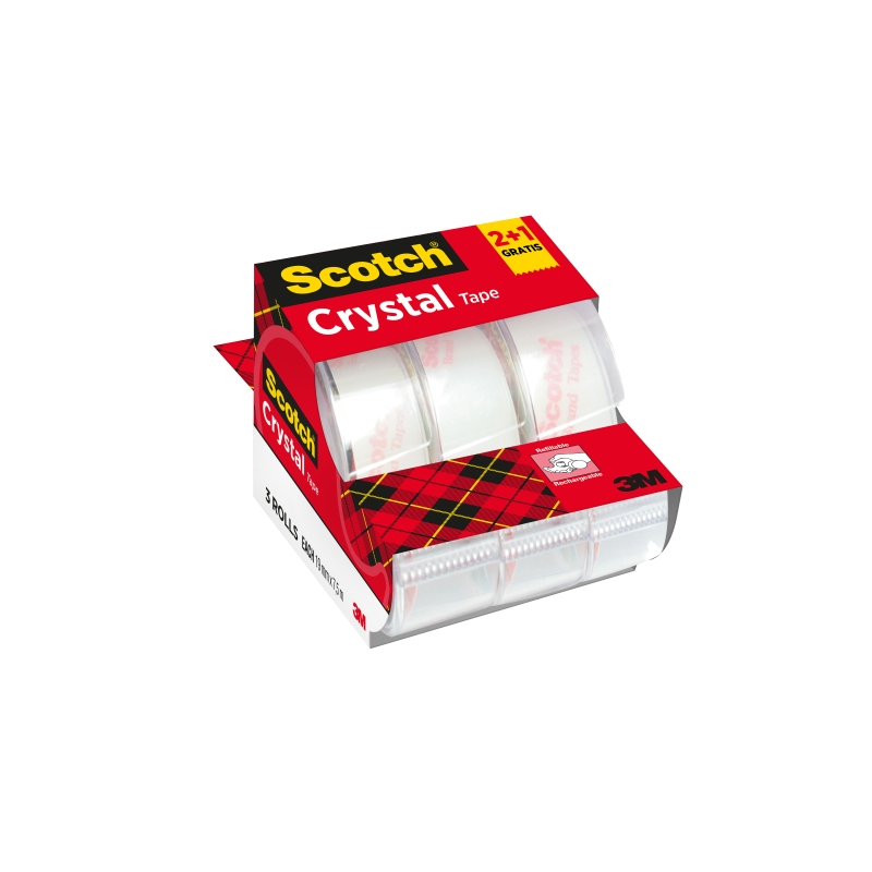 Ruban adhésif Scotch Crystal, lot de 3 – 19 mm x 7,5 m – Promotion : 2 + 1 offert – Couleur : Transparent