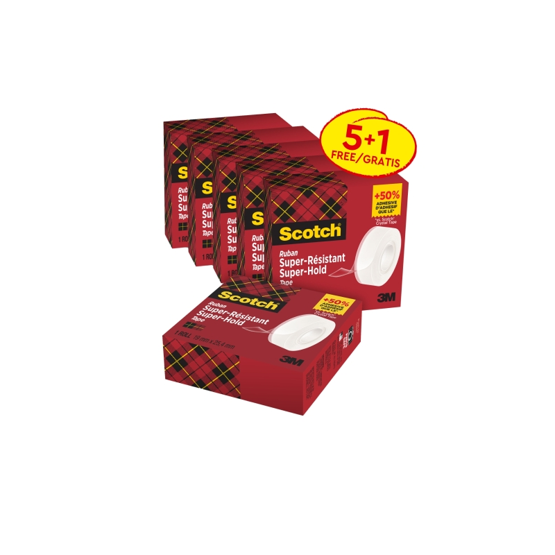 Rubans adhésifs Scotch Super-Hold, lot de 6 – Extra résistants – 19 mm x 25,4 m – 5 1 offert – Transparent