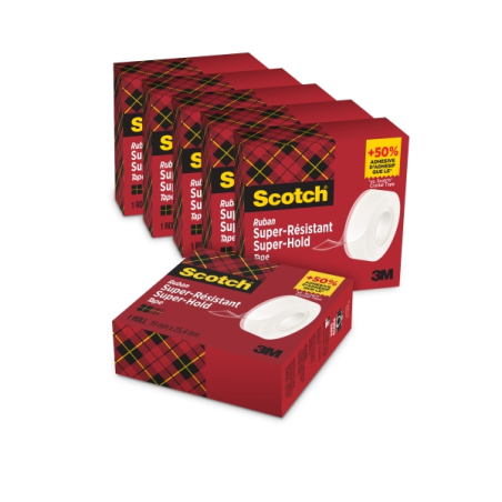 Rubans adhésifs Scotch Super-Hold, lot de 6 – Extra résistants – 19 mm x 25,4 m – 5 1 offert – Transparent