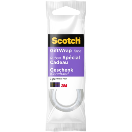Lot de 2 rubans adhésifs satinés Scotch Giftwrap - 19 mm x 7,5 m - Spécialement conçus pour l'emballage cadeau - Transparent
