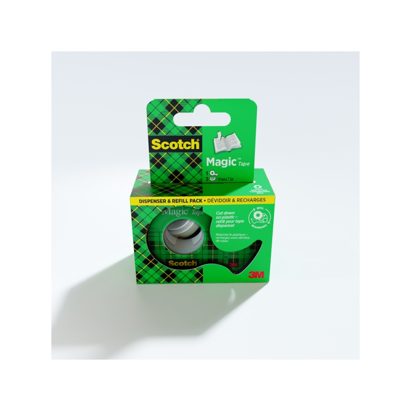 Ruban adhésif invisible Scotch Magic (lot de 2) - 19 mm x 7,5 m - Distributeur inclus - Transparent