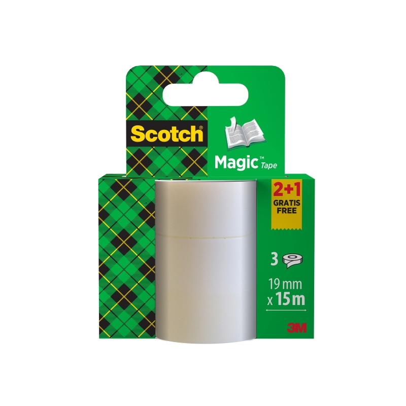 Ruban adhésif invisible Scotch Magic, lot de 3 – 19 mm x 15 m – 2 unités + 1 offerte – Transparent