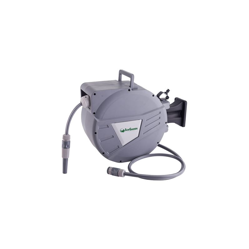Tuyau Sungarden SG0165 20 mètres - Enrouleur automatique avec guide - Fonction de rétraction lente - Support mural - Pivotant à