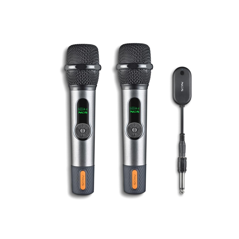 Microphone vocal sans fil NGS SingerStar Duo Kit 2 - Type dynamique - Son puissant et clair - Entrée Jack 3,5 et adaptateur Jack