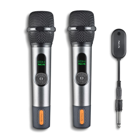 Microphone vocal sans fil NGS SingerStar Duo Kit 2 - Type dynamique - Son puissant et clair - Entrée Jack 3,5 et adaptateur Jack