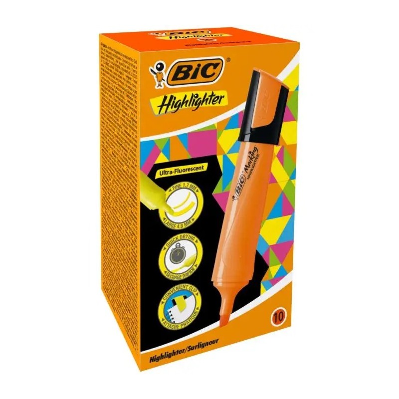 Marqueur surligneur plat orange Bic x10 pointe biseautée
