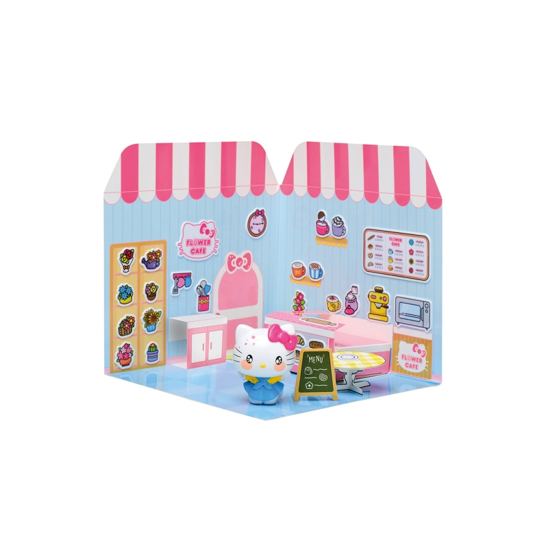 Maison d'autocollants Comansi Hello Kitty Flower Cafe - Figurine incluse - Autocollants lavables - Décor adorable - Jeu créatif