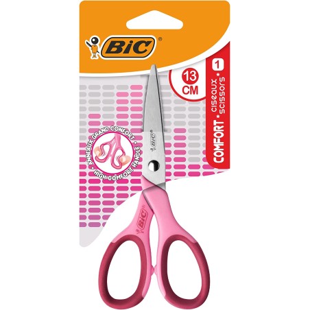 Ciseaux Scolaires Bic Comfort 13cm - Manche Souple - Droitier - Couleur Rose/Bleu Aléatoire