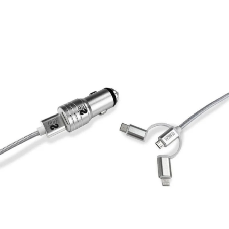 Chargeur de voiture Subblim Dual USB - Longueur 1 m - Charge rapide jusqu'à 2 400 A/12 W - Extérieur en fibre de nylon durable -